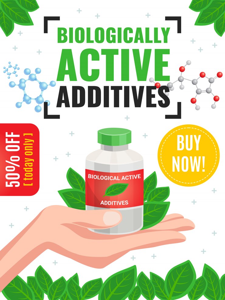 Vector Gratis biological active additives advertising poster with 50 percent off offer and green leaves framing cartoon illustration