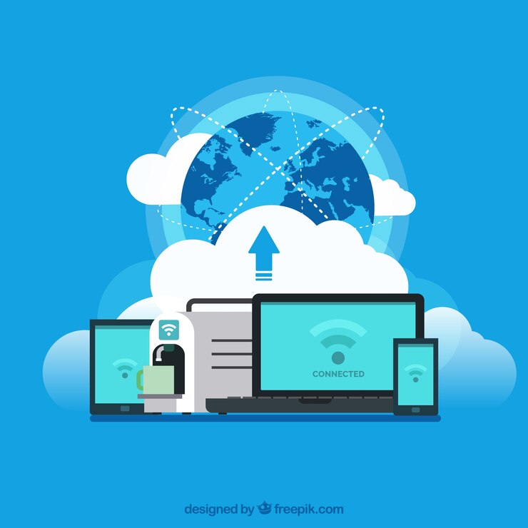 Vector Gratis blue background with connected electronic devices in flat design