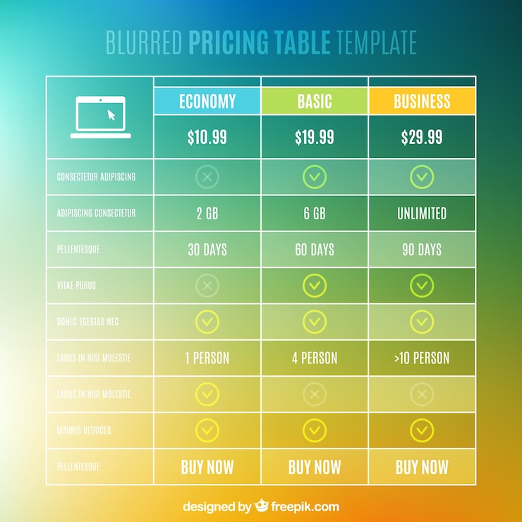 Vector Gratis blurred price table template