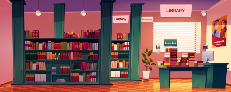 Vector Gratis bookstore interior with shelves, desk and cashier counter.