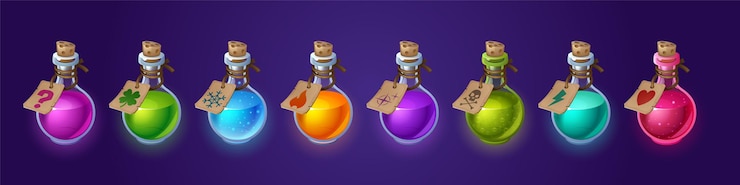 Vector Gratis botol kaca ramuan dengan ramuan ajaib dan tag