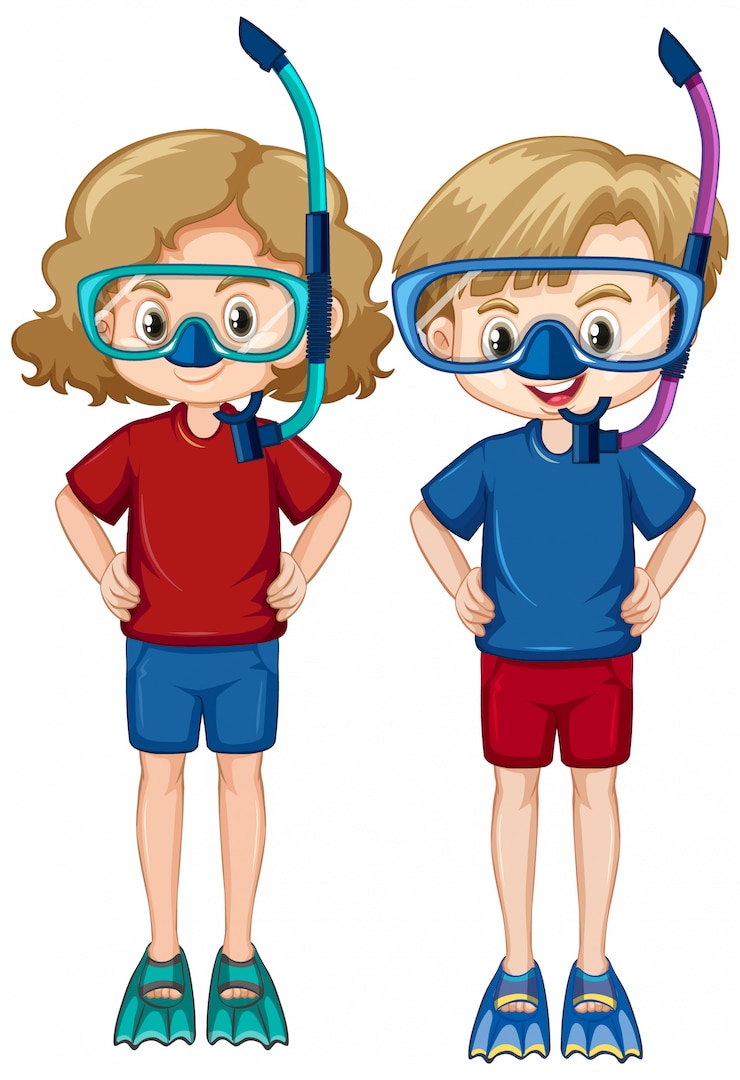 Vector Gratis boy and girl wearing snorkels and fins on white background