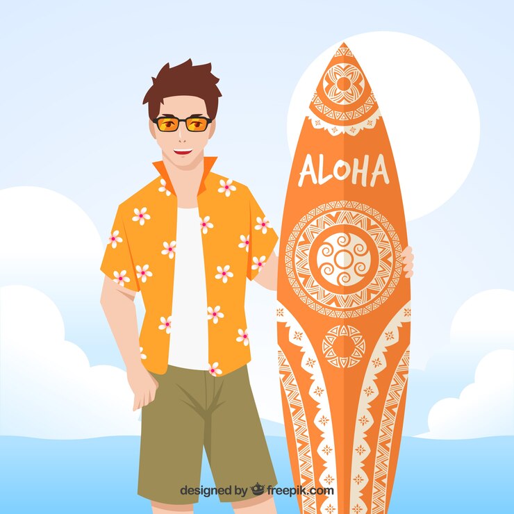 Vector Gratis boy background with hawaiian t-shirt and surfboard