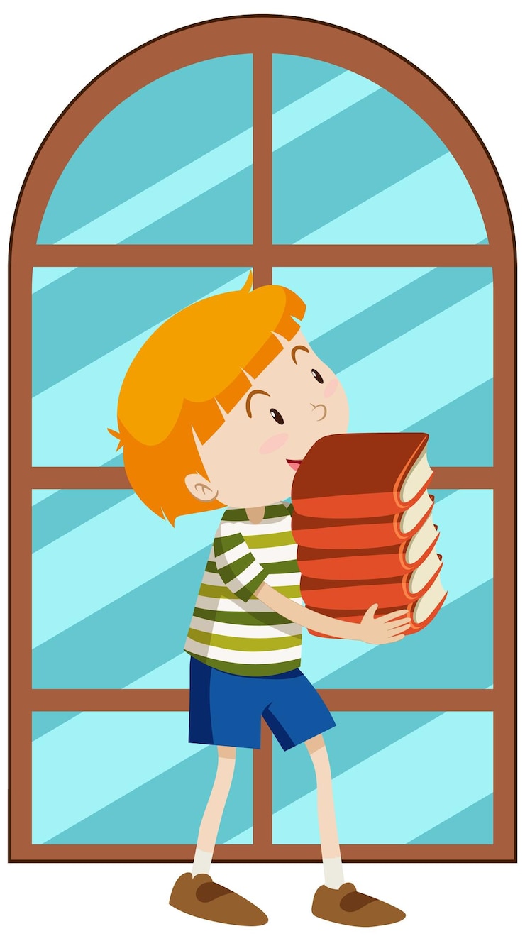 Vector Gratis boy holding book stack simple cartoon character