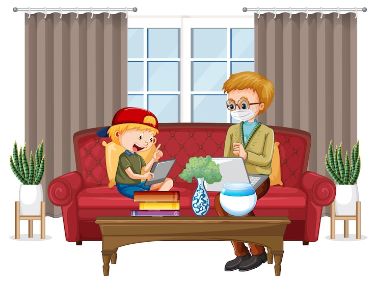 Vector Gratis boy sitting on couch learning from tablet