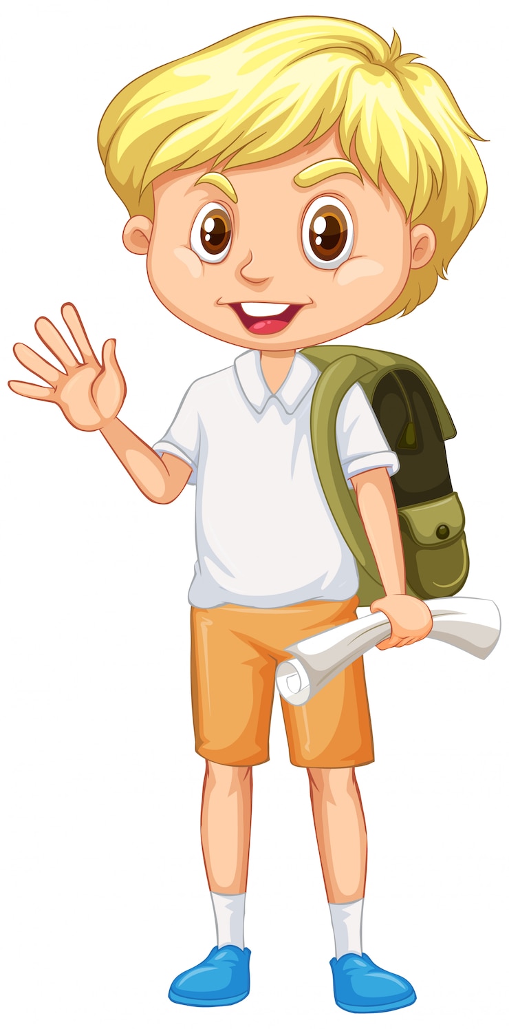 Vector Gratis boy with green backpack greeting on white