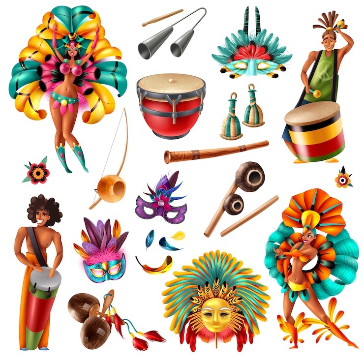 Vector Gratis brazilian carnival festivities  realistic colorful elements set with traditional musical instruments masks feathers costumes isolated vector illustration