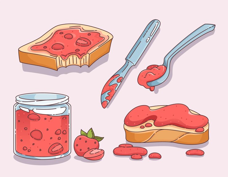 Vector Gratis bread toast with strawberry jam in glass jar