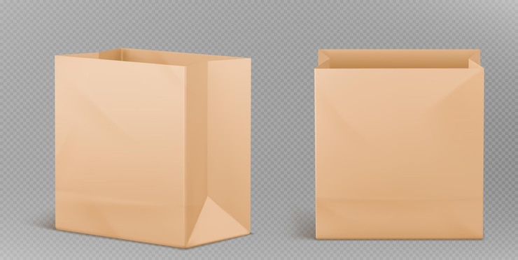 Vector Gratis brown paper lunch bag for food vector mockup icon isolated 3d kraft box pack for school snack or meal takeaway realistic craft cardboard packaging texture for shop or supermarket business graphic