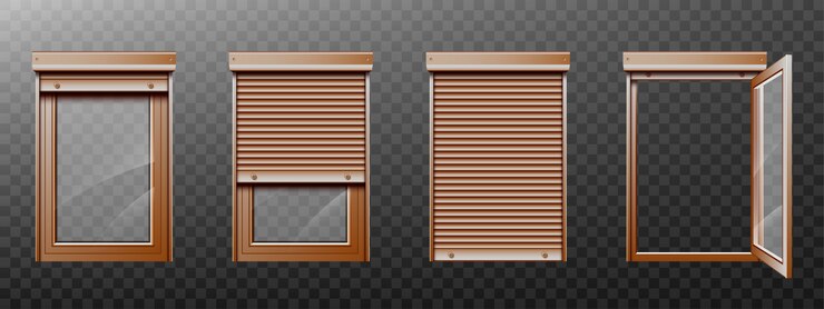 Vector Gratis brown window with roller shutter up and close set