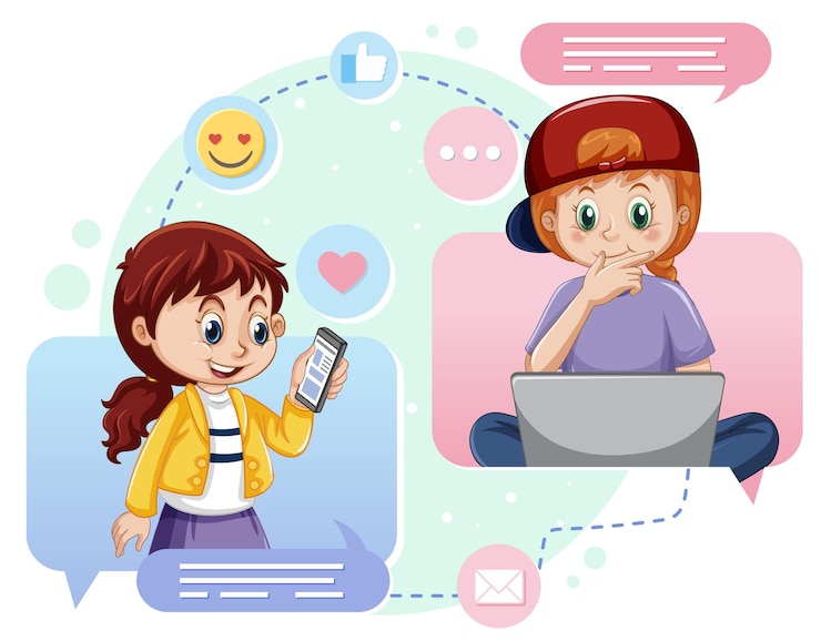 Vector Gratis browsing social media with cartoon character