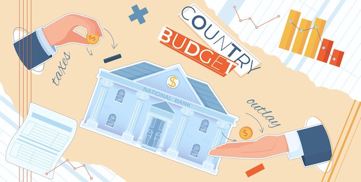 Vector Gratis budget country government composition with collage of flat icons bar charts graphs hands coins and text vector illustration