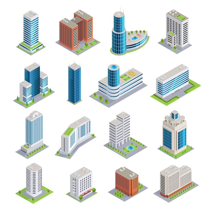 Vector Gratis buildings isometric set