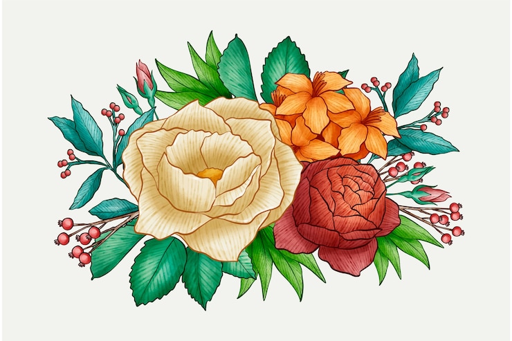 Vector Gratis buket bunga floral vintage penuh warna