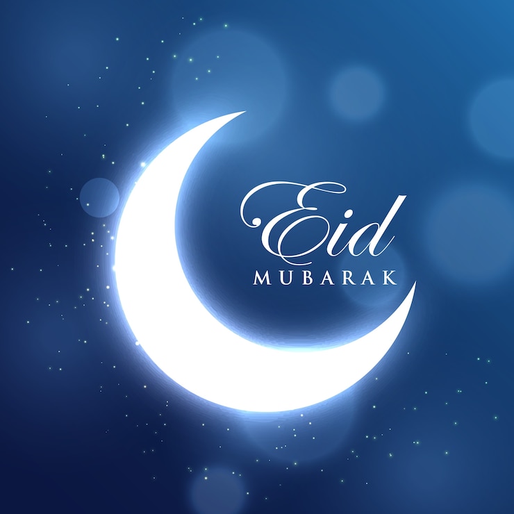 Vector Gratis bulan sabit bercahaya untuk festival idul mubarak dengan latar belakang biru