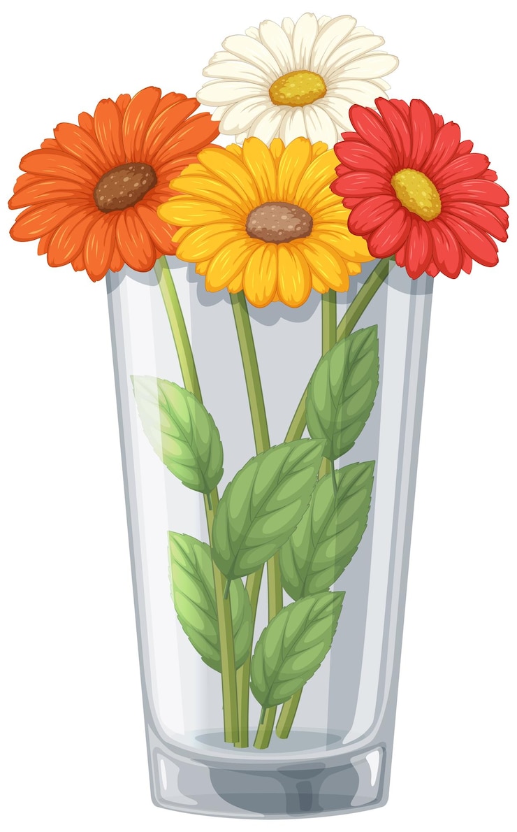 Vector Gratis bunga daisy berwarna-warni di dalam vas kaca