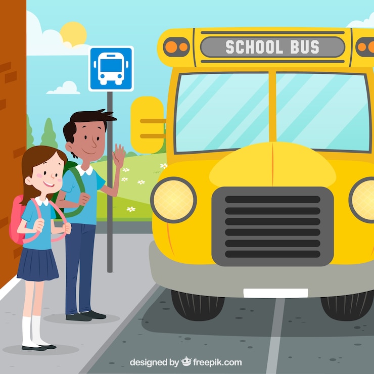Vector Gratis bus sekolah digambar tangan dengan anak-anak