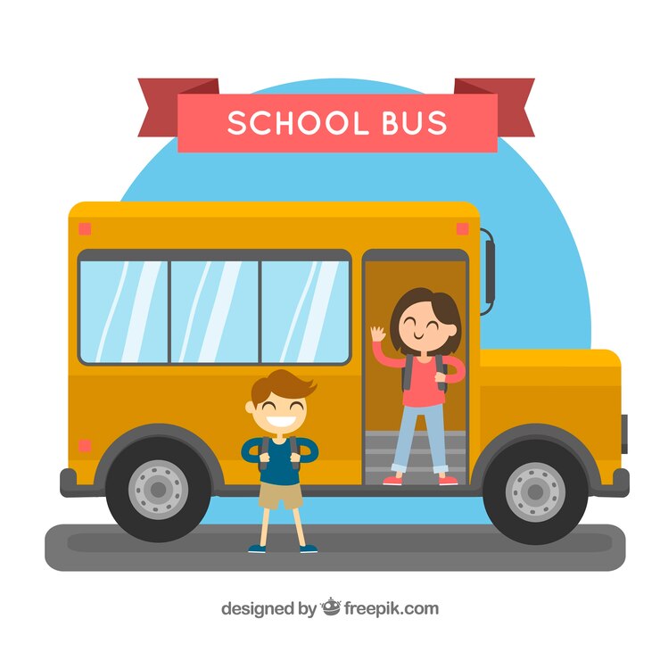 Vector Gratis bus sekolah digambar tangan dengan anak-anak