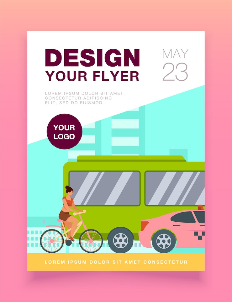 Vector Gratis bus, taxi and cyclist driving on city road flyer template