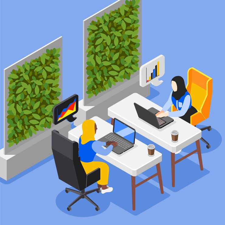 Vector Gratis business lady isometric composition with indoor office scenery and characters of working women with thought bubbles vector illustration