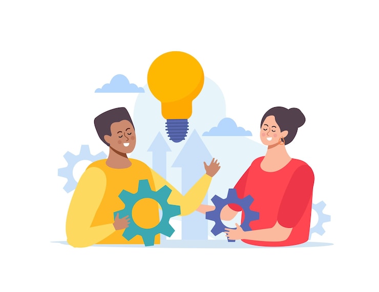 Vector Gratis business merger concept composition with flat human characters of man and woman with lamp bulb gears vector illustration
