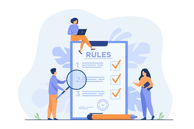 Vector Gratis business people studying list of rules, reading guidance, making checklist.