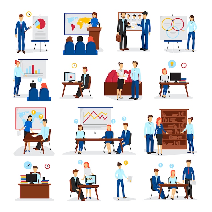 Vector Gratis business training and consulting programs for general management strategy and innovations flat icons