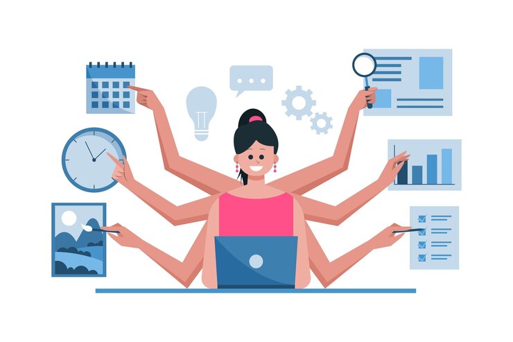 Vector Gratis business woman doing various tasks in the same time