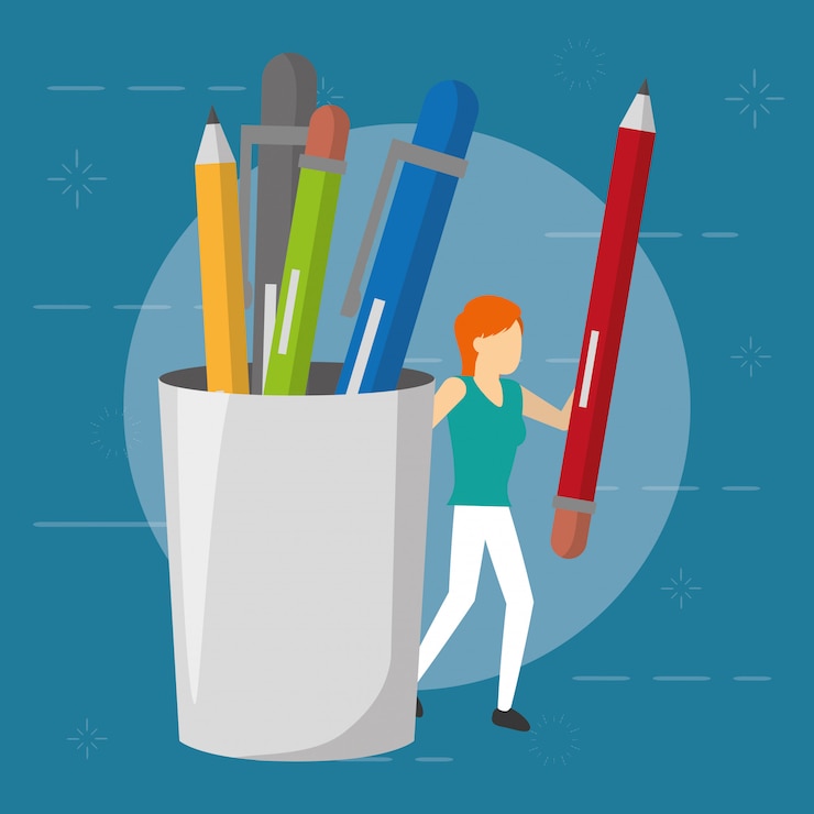 Vector Gratis business woman with pencil and supplies, flat style