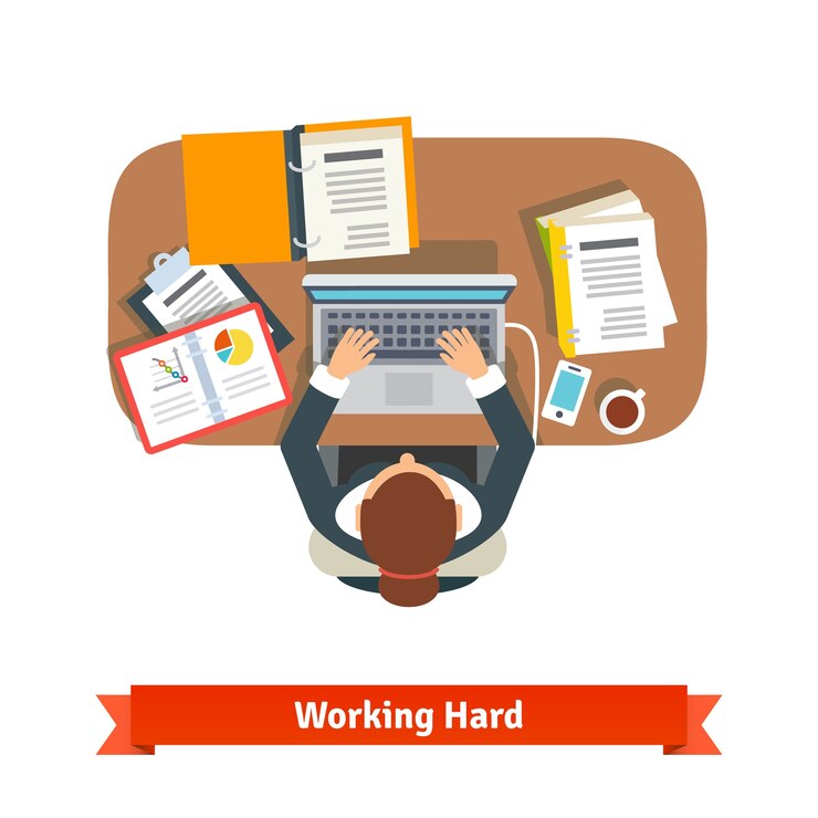 Vector Gratis business woman working hard sitting at the desk