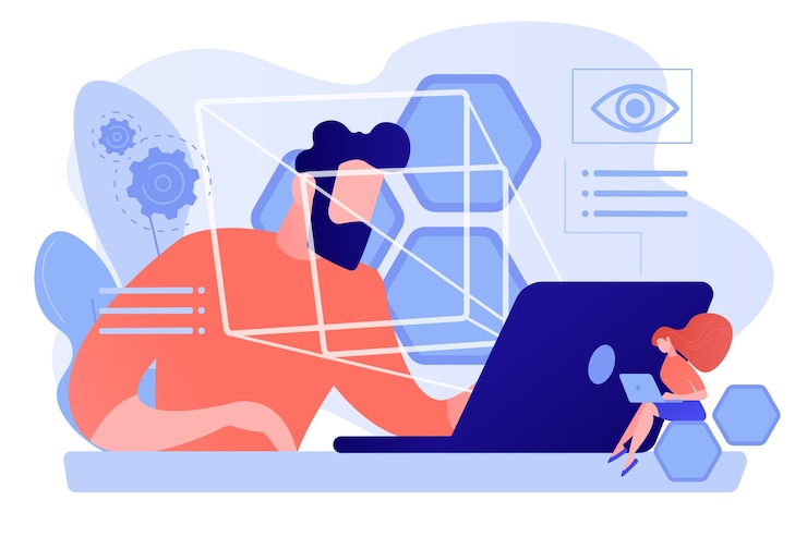 Vector Gratis businessman and technology measuring eye position and movement, tiny people. eye tracking technology, gaze tracking, eye position sensor concept