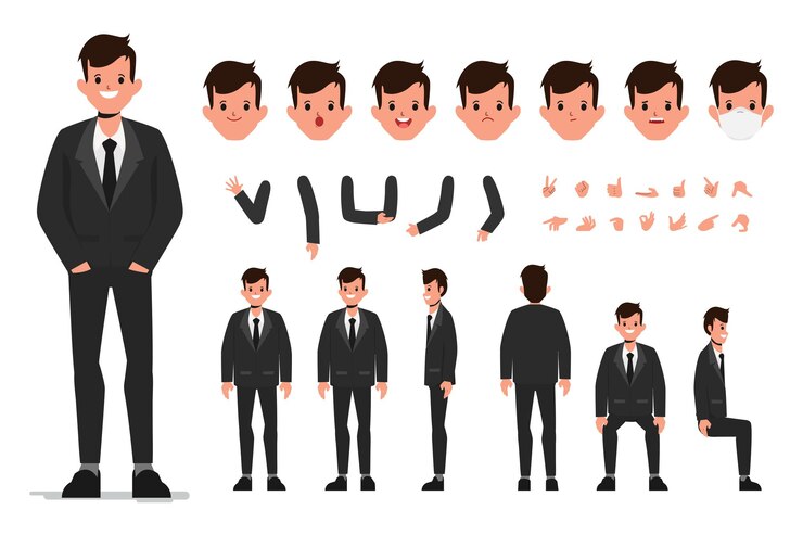 Vector Gratis businessman character in black suit constructor for different poses set of various mens faces