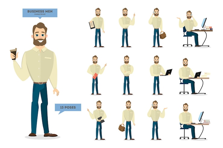 Vector Gratis businessman character set man with beard in different positions