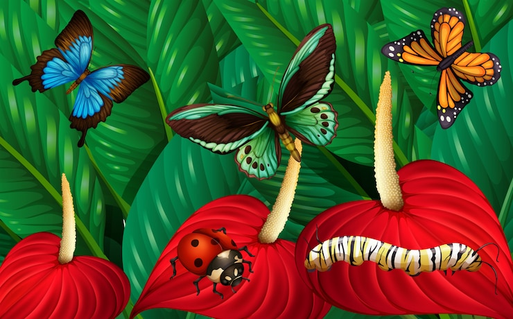Vector Gratis butterflies and other insects in garden