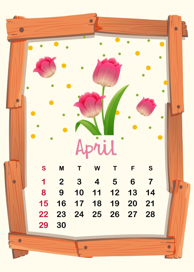 Vector Gratis calendar template for april with pink tulip