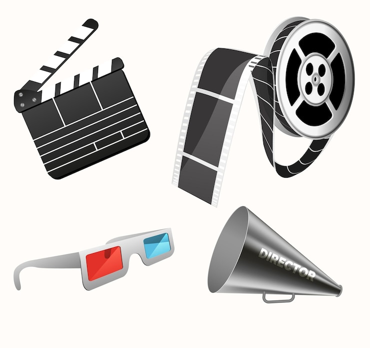 Vector Gratis camera cinema stereo glasses clapper and megaphone for film production vector realistic pictures