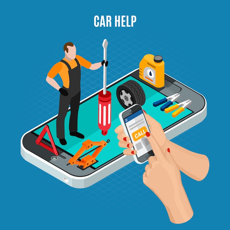 Vector Gratis car help isometric concept with equipment and tools vector illustration