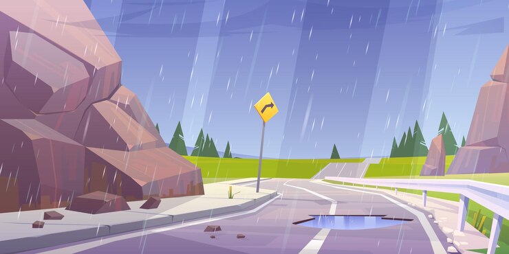 Vector Gratis car road rocks and green fields in rain