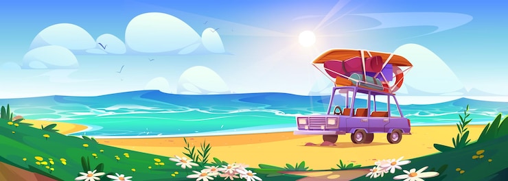 Vector Gratis car with baggage on top parked on summer beach