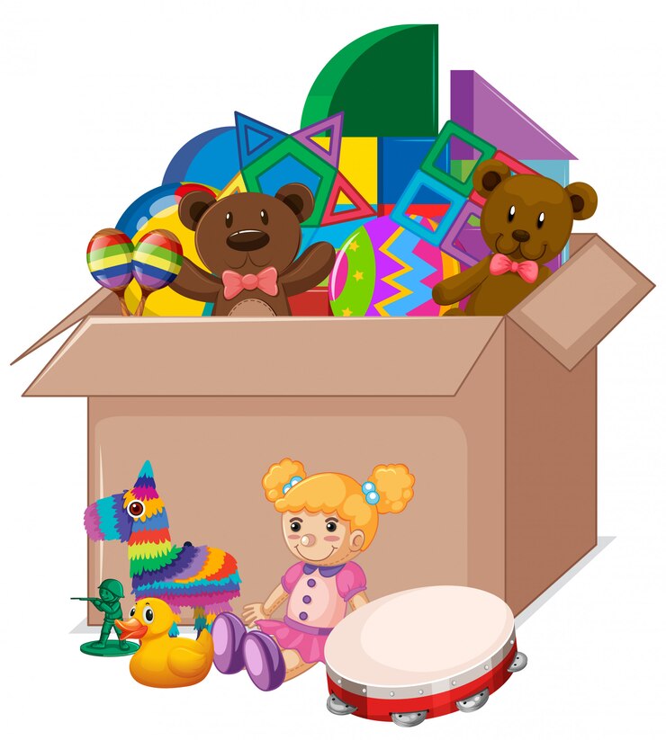 Vector Gratis cardboard box full of toys on white
