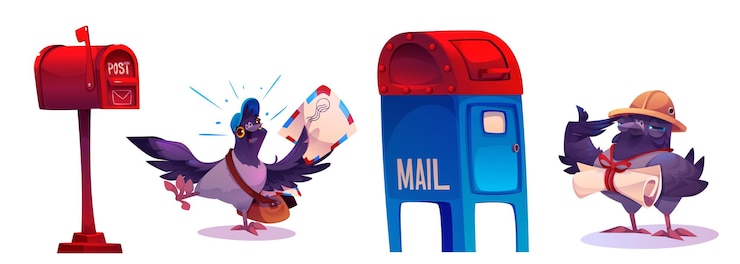 Vector Gratis carrier pigeon cartoon characters with mailbox set