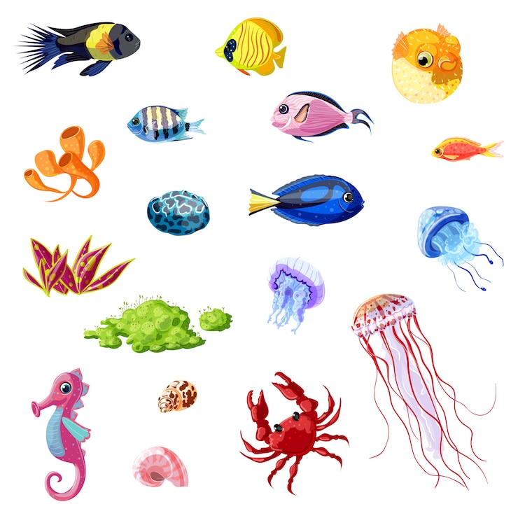Vector Gratis cartoon colorful sea life set