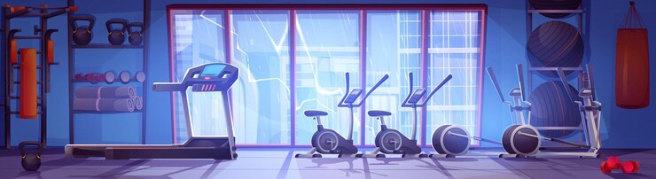 Vector Gratis cartoon gym with equipment rainy cityscape view in window vector illustration of fitness center with treadmill ellipse cycling machine dumbbell fitball punshing bag for workout sport activity