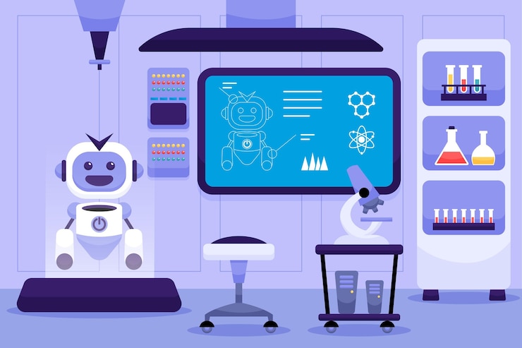 Vector Gratis cartoon laboratory room with robot