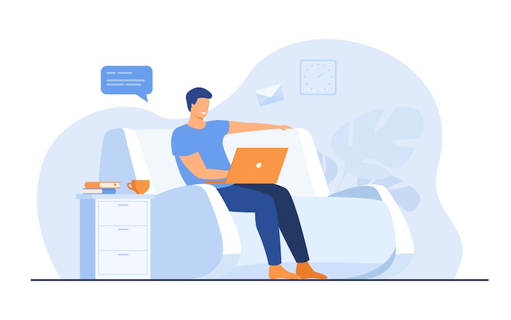 Vector Gratis cartoon man sitting at home with laptop