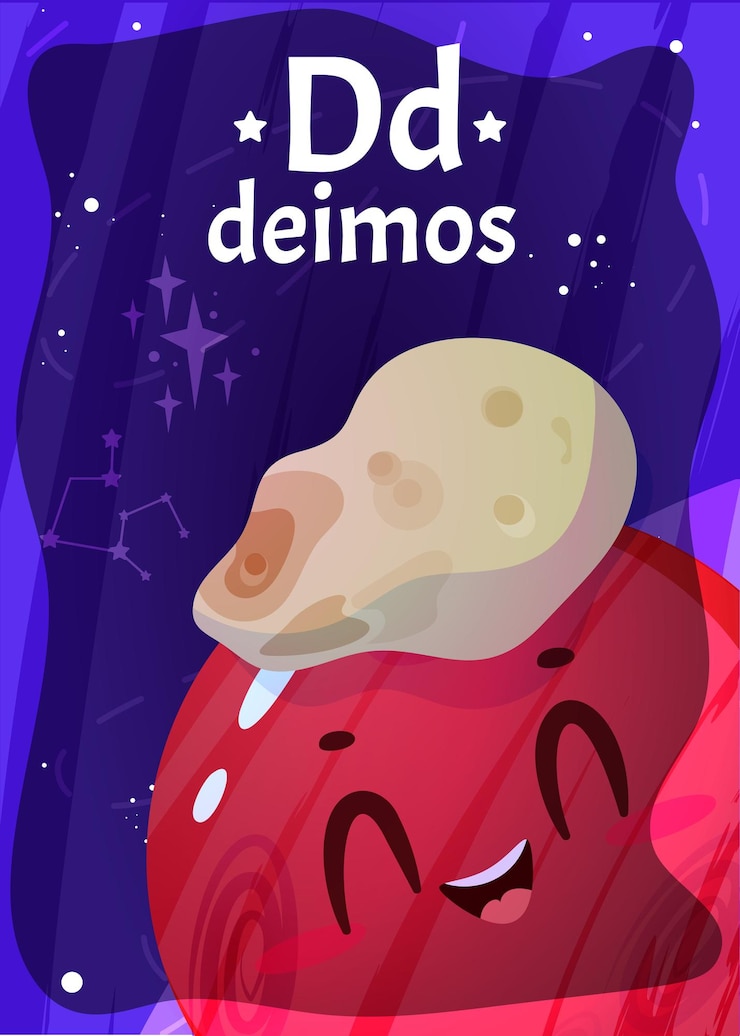 Vector Gratis cartoon printable space alphabet flashcard with letter d and deimos