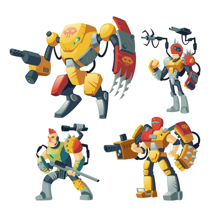 Vector Gratis cartoon robot guards, human in exoskeleton armor