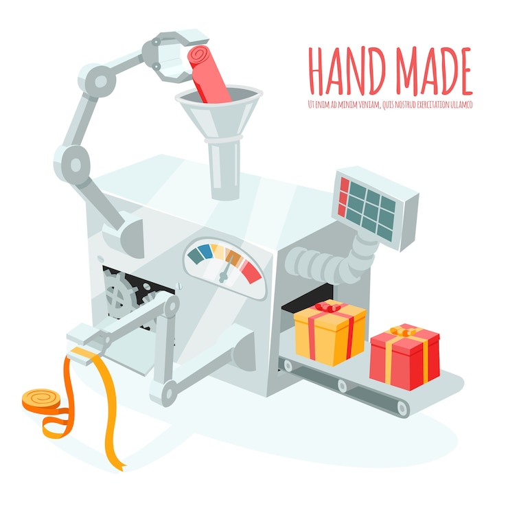 Vector Gratis cartoon robotic production of gift boxes. packaging and wrapping, automation and handmade