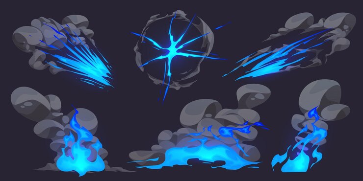 Vector Gratis cartoon set of explosion effects with neon blue fire and grey clouds of smoke vector illustration of comic style blast puff fast speed motion dust trail boom wave animation isolated on black