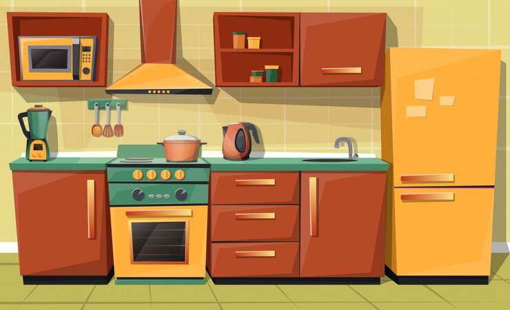 Vector Gratis cartoon set of kitchen counter with appliances - fridge, microwave oven, kettle, blender